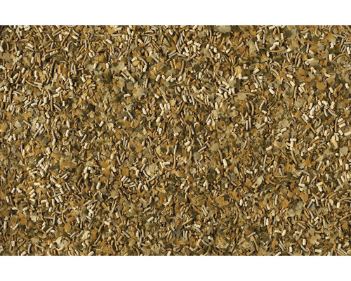 Mengsel van visvoer-vlokken en pellets voor aquariumvissen.