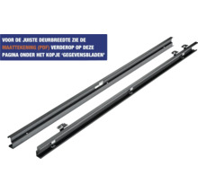 Twee zwarte metalen profielen voor deuren met verwijzing naar de maattekening voor de juiste deurbreedte bij de gegevensbladen.