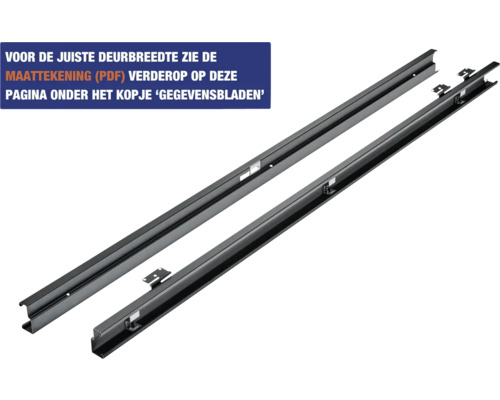 Twee zwarte metalen profielen voor deuren met verwijzing naar de maattekening voor de juiste deurbreedte bij de gegevensbladen.