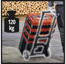 Einhell E-Case gereedschapskoffersysteem op een trolley met wielen, belastbaar tot 120 kilogram.