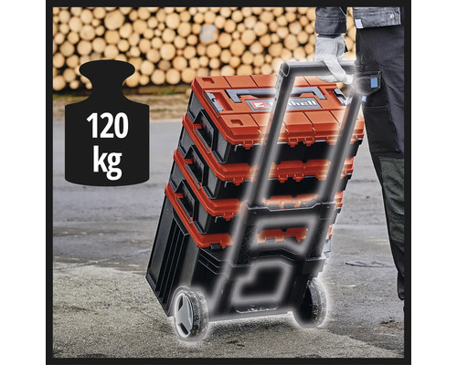 Einhell E-Case gereedschapskoffersysteem op een trolley met wielen, belastbaar tot 120 kilogram.