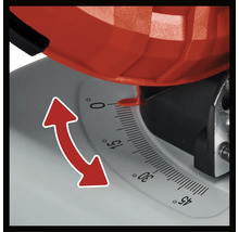 Gradenboog van nul tot 45 graden op een zaag met rode aanwijzer en rode pijl voor de instelmogelijkheid.