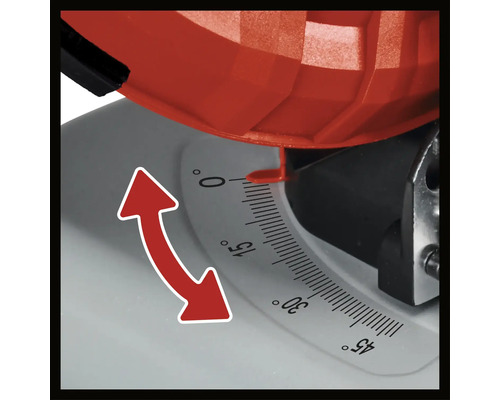 Gradenboog van nul tot 45 graden op een zaag met rode aanwijzer en rode pijl voor de instelmogelijkheid.