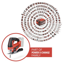 Einhell accu decoupeerzaag als onderdeel van de Power X-Change familie met een overzicht van vele compatibele gereedschappen.