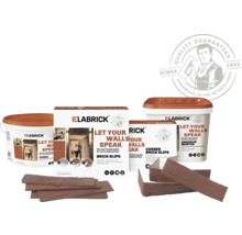 Elabrick assortiment voor wandbekleding met steenstrips, hoeksteenstrips, lijmmortel en primer met kwaliteitsgarantie.