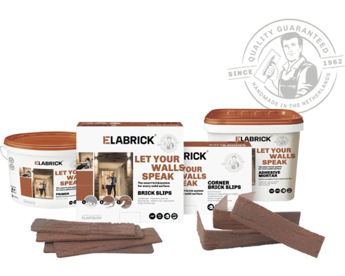 Elabrick assortiment voor wandbekleding met steenstrips, hoeksteenstrips, lijmmortel en primer met kwaliteitsgarantie.