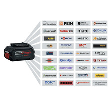 Bosch AMPShare 18 Volt accu met logo's van partners zoals FEIN, fischer en brennenstuhl, die de systeemcompatibiliteit illustreren.