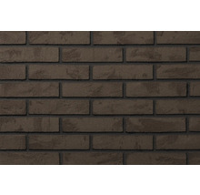 Donkerbruine gestructureerde steenstrips in baksteenlook voor wandbekleding met donkere voegen.