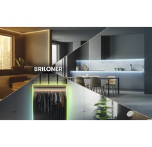 Briloner Logo in een collage van moderne woonruimtes zoals de woonkamer, keuken en kledingkast met accentverlichting door middel van ledstrips.
