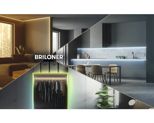 Briloner Logo in een collage van moderne woonruimtes zoals de woonkamer, keuken en kledingkast met accentverlichting door middel van ledstrips.