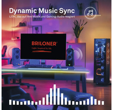 Gaming-setup met monitor inclusief Briloner Logo, luidsprekers en pc-behuizing, verlicht door muziekgesynchroniseerde slimme ledverlichting.