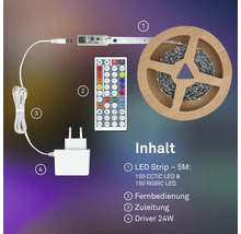 LED-strip set 5 meter met 150 CCTIC en 150 RGBIC LED, afstandsbediening, voedingskabel en 24 Watt driver.