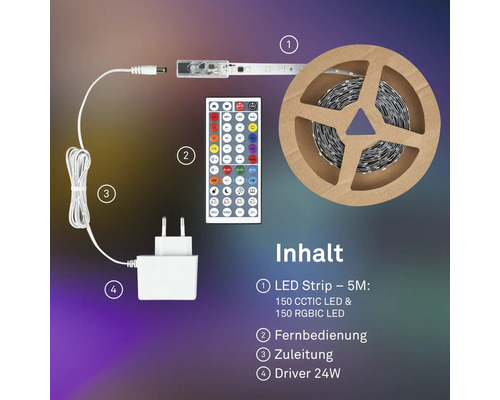 LED-strip set 5 meter met 150 CCTIC en 150 RGBIC LED, afstandsbediening, voedingskabel en 24 Watt driver.