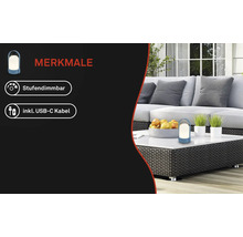 Draagbare led-tafellamp op een tuintafel, trapsgewijs dimbaar, inclusief USB-C-kabel.