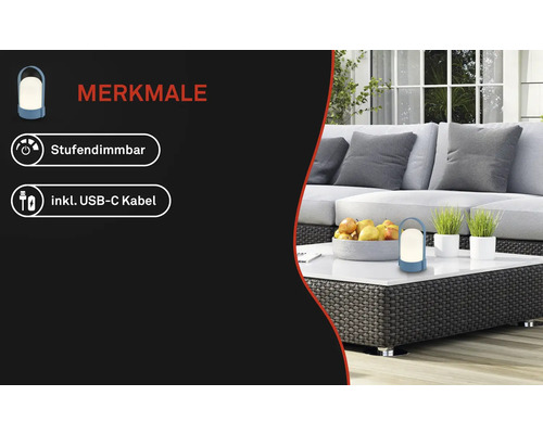 Draagbare led-tafellamp op een tuintafel, trapsgewijs dimbaar, inclusief USB-C-kabel.