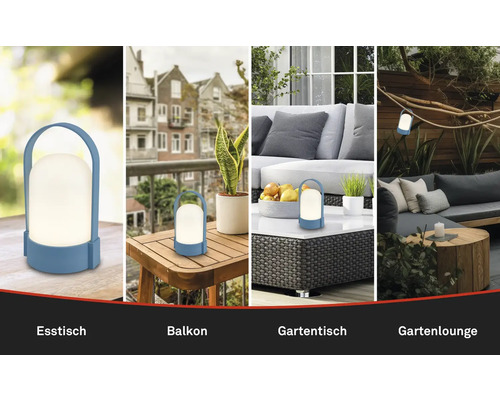 Collage van een draagbare buitenlamp op een eettafel, een balkon, een tuintafel en hangend in een gezellige tuinlounge.
