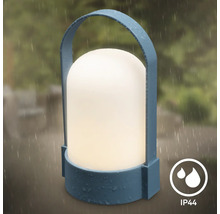 Draagbare LED-buitenlamp in blauw met handvat en wit lichtelement, spatwaterdicht volgens IP44 voor gebruik buitenshuis.