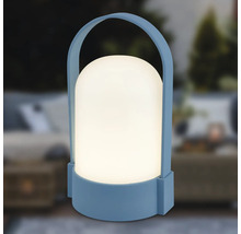Blauwe draagbare LED-buitenlamp met witte ronde kap en handvat.