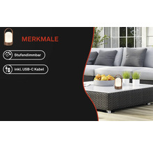 Draagbare LED-buitenlamp op een loungetafel met kenmerken zoals stapsgewijs dimbaar en inclusief USB-C-kabel.