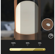 Draagbare ledlamp met drie dimniveaus op 100 procent, 50 procent en 10 procent helderheid en detailweergave van de aan-uitknop.