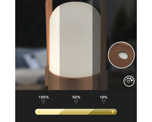 Draagbare ledlamp met drie dimniveaus op 100 procent, 50 procent en 10 procent helderheid en detailweergave van de aan-uitknop.