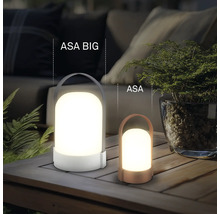 Twee draagbare LED-buitenlampen ASA BIG en ASA in verschillende formaten op een houten tafel in een tuin.