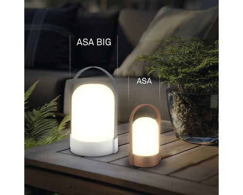 Twee draagbare LED-buitenlampen ASA BIG en ASA in verschillende formaten op een houten tafel in een tuin.