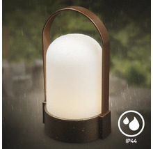Draagbare buitenlamp met ronde draagbeugel en matte diffuser, spatwaterdicht volgens beschermingsklasse IP44.