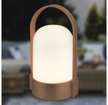 Draagbare LED-buitenlamp met handvat, warm wit lichtgevende cilinder met afgeronde bovenkant en bronskleurige behuizing.