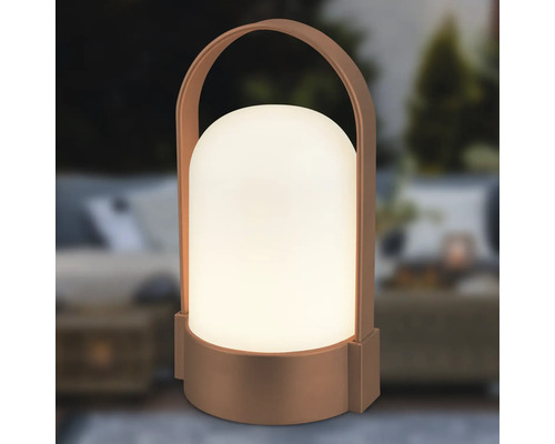 Draagbare LED-buitenlamp met handvat, warm wit lichtgevende cilinder met afgeronde bovenkant en bronskleurige behuizing.