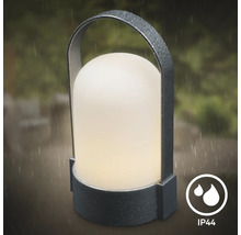 Draagbare LED-buitenlamp met handvat en IP44-classificatie, geschikt voor gebruik in de regen.