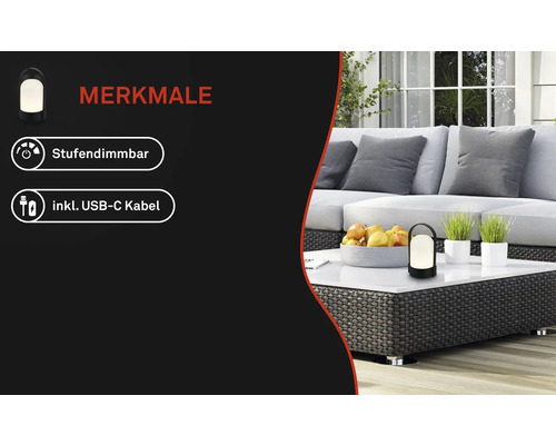 Stapsgewijs dimbare LED-lamp inclusief USB-C-kabel op een rotan tuintafel met fruit en planten voor een lichte lounge.