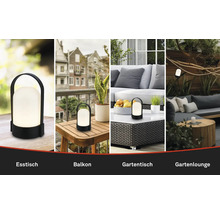 Draagbare LED-tafellamp voor buitenruimtes zoals eettafel, balkon, tuintafel en tuinlounge in verschillende scenario's.