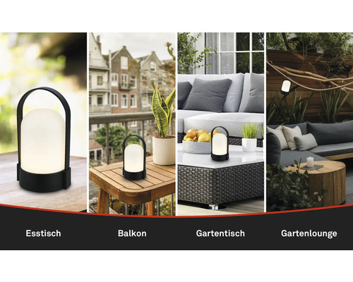 Draagbare LED-tafellamp voor buitenruimtes zoals eettafel, balkon, tuintafel en tuinlounge in verschillende scenario's.