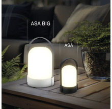 Twee draagbare LED-tafellampen ASA BIG en ASA van verschillende afmetingen op een houten tafel buiten met planten en kussens.