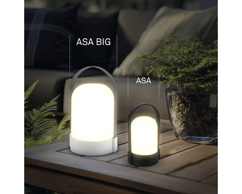 Twee draagbare LED-tafellampen ASA BIG en ASA van verschillende afmetingen op een houten tafel buiten met planten en kussens.