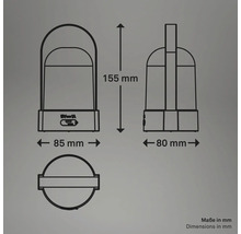 Technische tekening van een draagbare lamp met afmetingen: hoogte 155 millimeter, breedte 85 millimeter en diepte 80 millimeter.