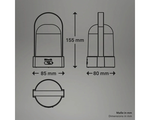 Technische tekening van een draagbare lamp met afmetingen: hoogte 155 millimeter, breedte 85 millimeter en diepte 80 millimeter.