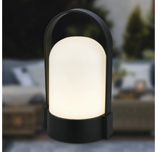Moderne draagbare buitenlamp met zwart frame, handvat en warmwit licht.