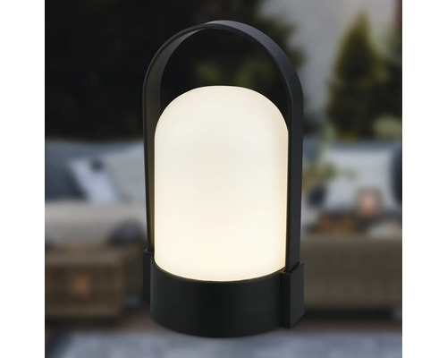 Moderne draagbare buitenlamp met zwart frame, handvat en warmwit licht.