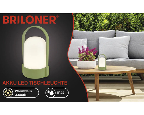 Briloner oplaadbare LED-tafellamp in groen voor buiten, warm wit licht 3000 Kelvin, IP44 spatwaterdicht, draagbaar met handvat.