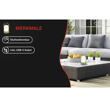 Draagbare tafellamp, dimbaar, inclusief USB-C kabel. Moderne buitenlounge met bank, donkere gevlochten salontafel, fruitschaal en planten.