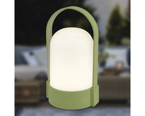 Draagbare LED-buitenlamp in groen met handvat en witte kunststof kap.