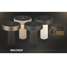 Briloner solar tafellampen met geribbelde voet en zonnepaneel, Briloner Logo, German Design Award Winner 2026.