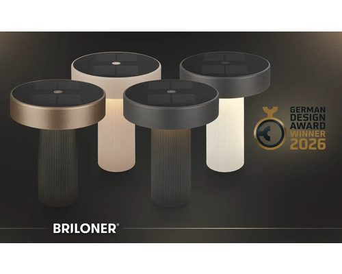Briloner solar tafellampen met geribbelde voet en zonnepaneel, Briloner Logo, German Design Award Winner 2026.