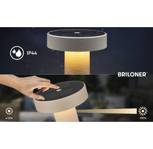Briloner solar tafellamp met IP44 spatwaterbescherming en touch dimmerfunctie van circa 10 tot 100 procent. Briloner Logo.
