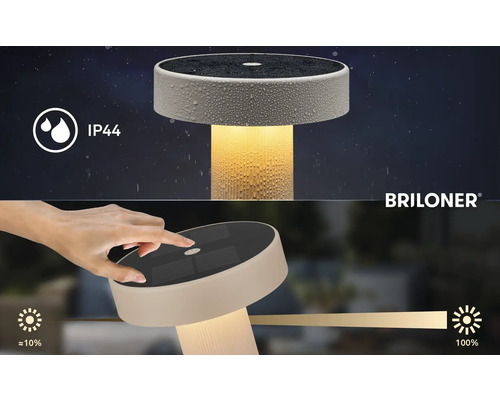 Briloner solar tafellamp met IP44 spatwaterbescherming en touch dimmerfunctie van circa 10 tot 100 procent. Briloner Logo.