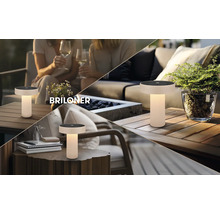 Briloner LED buiten-tafellamp op houten tafels in diverse tuin- en terrasscènes, modern design, draadloos.