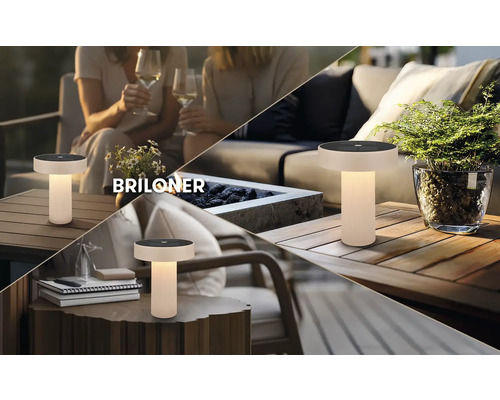 Briloner LED buiten-tafellamp op houten tafels in diverse tuin- en terrasscènes, modern design, draadloos.
