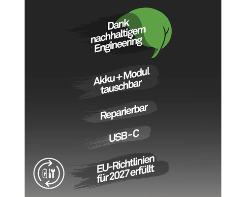Duurzaamheidsinformatie: accu en module vervangbaar, repareerbaar, USB-C aansluiting, voldoet aan richtlijnen van de Europese Unie voor 2027.